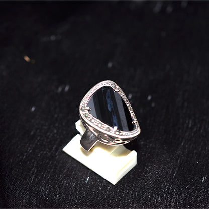 925 Sterling Silver Turkish Trillion-Cut Black Onyx with Marcasite Halo Ring