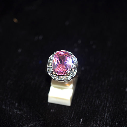925 Sterling Silver Turkish Pink Crystal and Marcasite Oval Halo Ring
