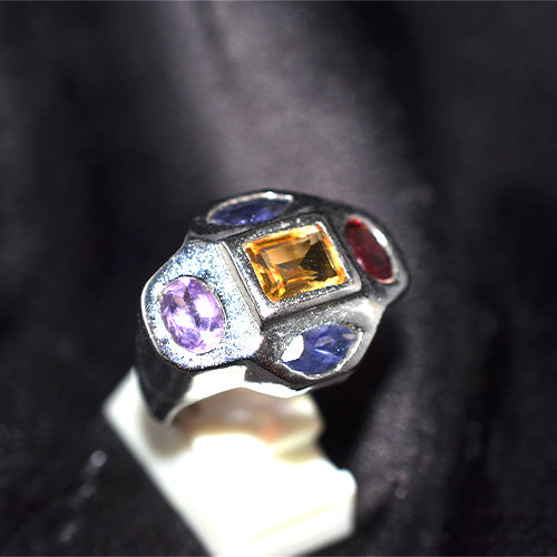 925 Sterling Silver Geometric Multi Gemstone Signet Ring