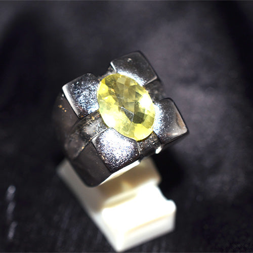 925 Sterling Silver Oval Lemon Quartz Geometric Block Ring
