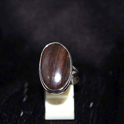925 Sterling Silver Brown Wood Grain Oval Ring