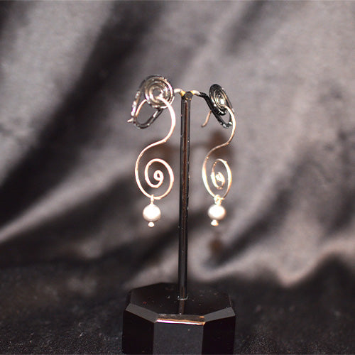 925 Sterling Silver Swirl Wire and Pearl Drop Earrings