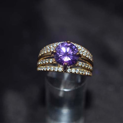 6 Carat Gold Plated Purple and White Triple Row Cocktail Ring