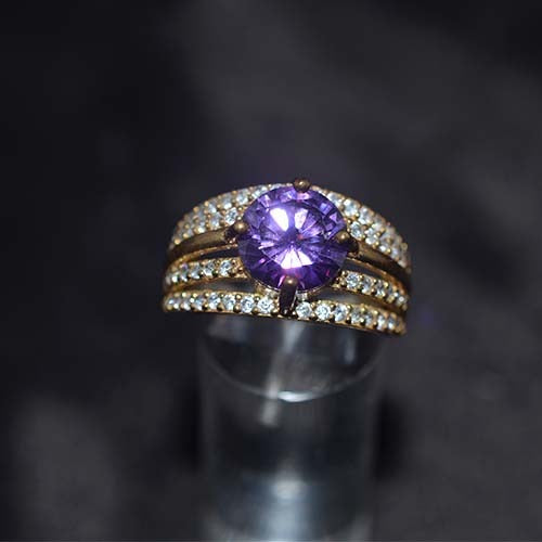 6 Carat Gold Plated Purple and White Triple Row Cocktail Ring