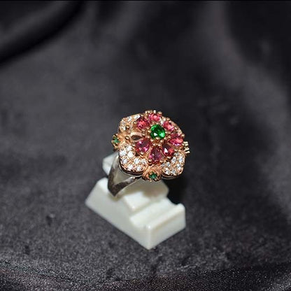 6 Carat Gold Plated Pink Tourmaline Green Emerald Floral Ring