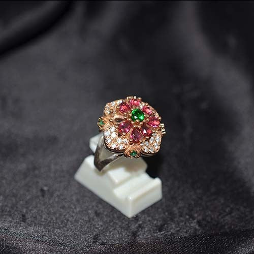 6 Carat Gold Plated Pink Tourmaline Green Emerald Floral Ring