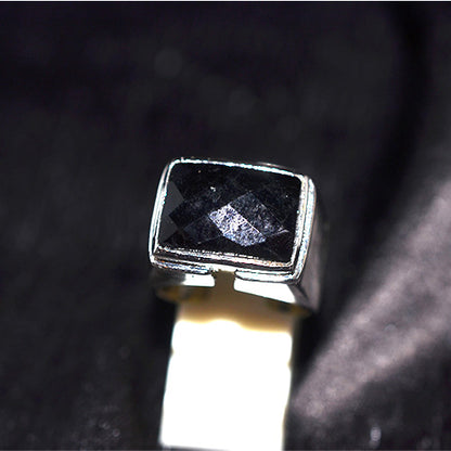 925 Sterling Silver Rectangular Faceted Black Onyx Signet Ring