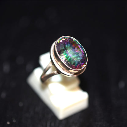 925 Sterling Silver Oval Mystic Topaz Simple Bezel Split Shank Ring