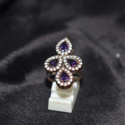 6 Carat Gold Plated Amethyst Four-Petal Motif Ring