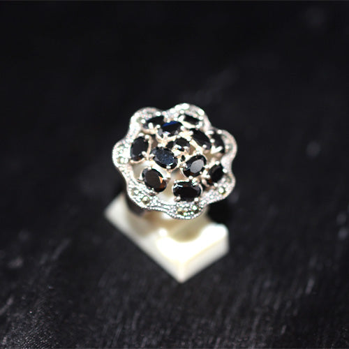 925 Sterling Silver Turkish Black Onyx and Marcasite Floral Cluster Ring