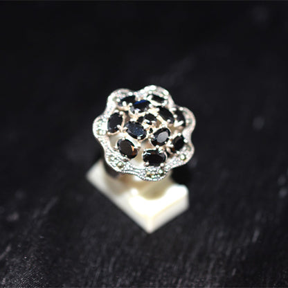 925 Sterling Silver Turkish Black Onyx and Marcasite Floral Cluster Ring