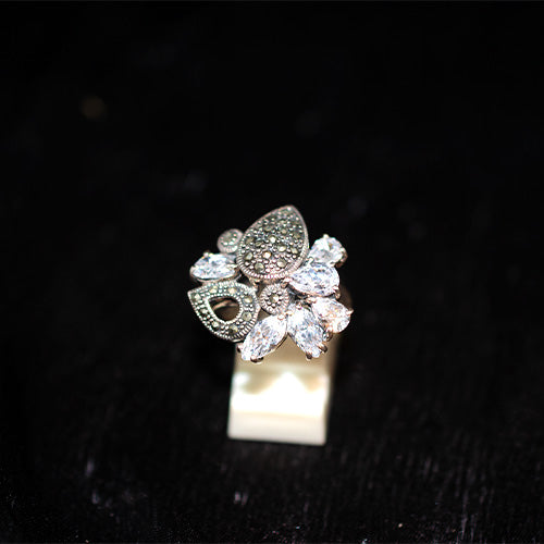 925 Sterling Silver Turkish Pear Marcasite and Marquise Crystal Bouquet Ring