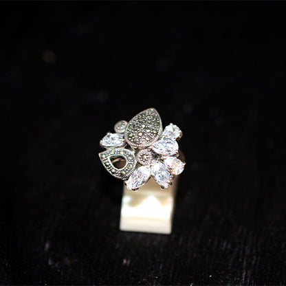 925 Sterling Silver Turkish Pear Marcasite and Marquise Crystal Bouquet Ring
