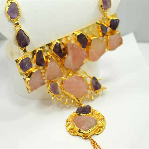 6 Carat Gold Plated Amethyst and Rose Quartz Layered Necklace