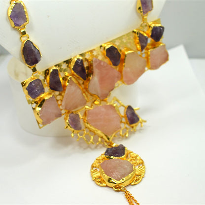 6 Carat Gold Plated Amethyst and Rose Quartz Layered Necklace