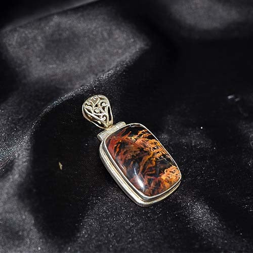 925 Sterling Silver Petrified Wood Rectangle Pendant