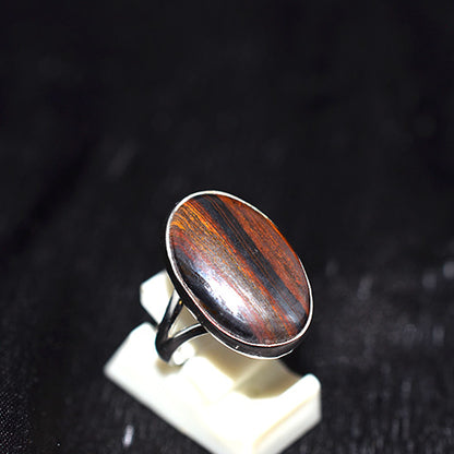 925 Sterling Silver Tiger Iron Elongated Oval Ring