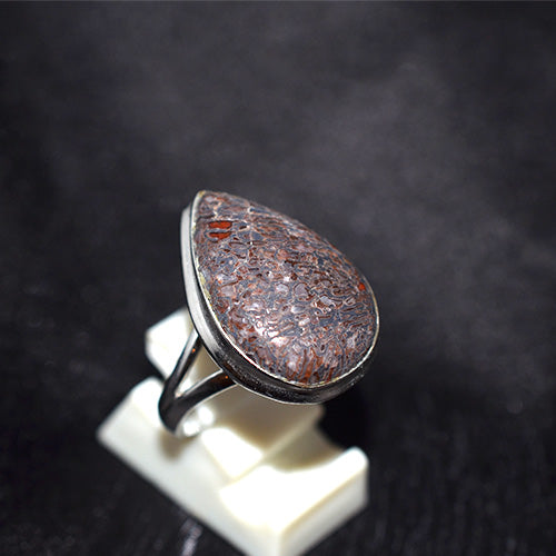 925 Sterling Silver Brown Dinosaur Bone Teardrop Ring