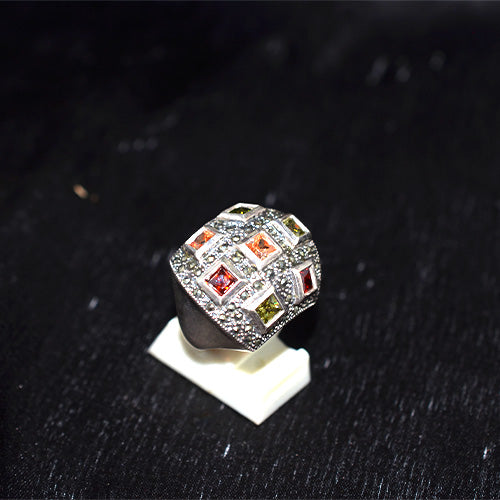 925 Sterling Silver Turkish Multi-Gemstone and Marcasite Checkered Dome Ring