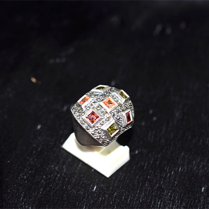 925 Sterling Silver Turkish Multi-Gemstone and Marcasite Checkered Dome Ring