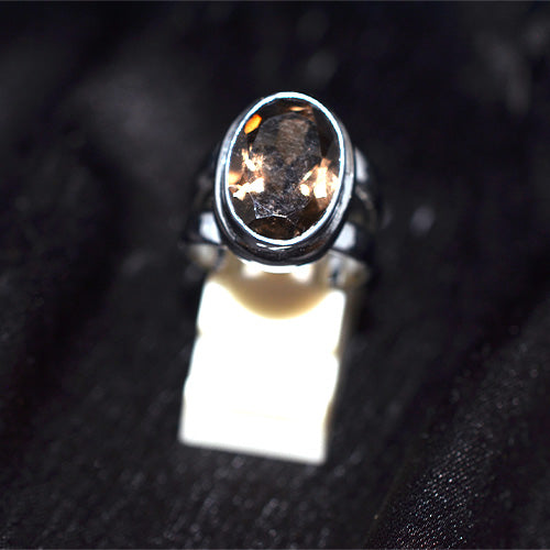 925 Sterling Silver Oval Smoky Quartz Textured Double Band Ring
