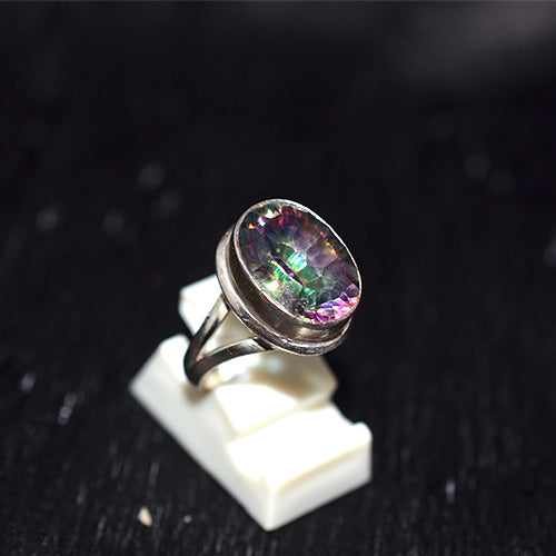 925 Sterling Silver Oval Mystic Topaz Tiered Bezel Split Shank Ring