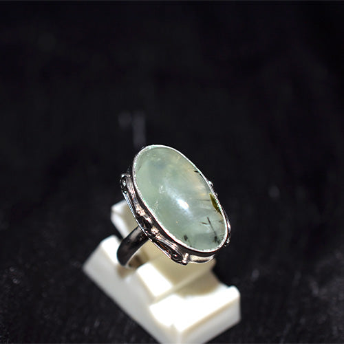 925 Sterling Silver Prehnite with Epidote Oval Ring with Ornate Setting