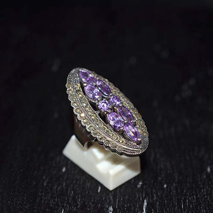 925 Sterling Silver Amethyst and Marcasite Oval Cluster Ring