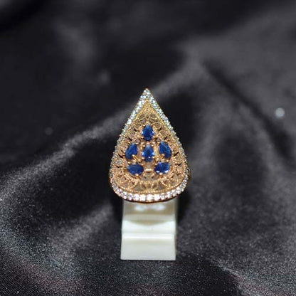 6 Carat Gold Plated Blue Sapphire Filigree Teardrop Ring
