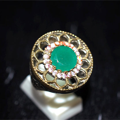 6 Carat Gold Plated Green Agate Pink Halo Filigree Ring