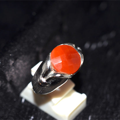 925 Sterling Silver Round Faceted Carnelian Ring with Scroll Shoulders