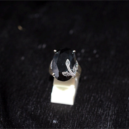 925 Sterling Silver Turkish Large Oval Black Onyx with Marcasite Vine Accent Ring