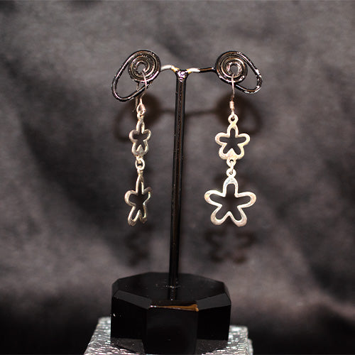 925 Sterling Silver Double Flower Outline Dangle Earrings