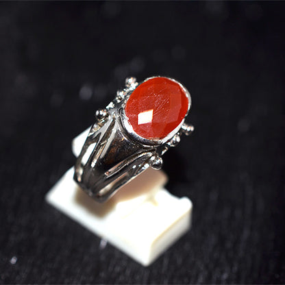 925 Sterling Silver Oval Carnelian Turkish Ring with Granulated Detail