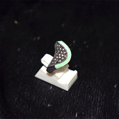925 Sterling Silver Turkish Marcasite and Mint Green Enamel Wave Ring