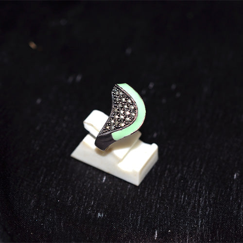 925 Sterling Silver Turkish Marcasite and Mint Green Enamel Wave Ring