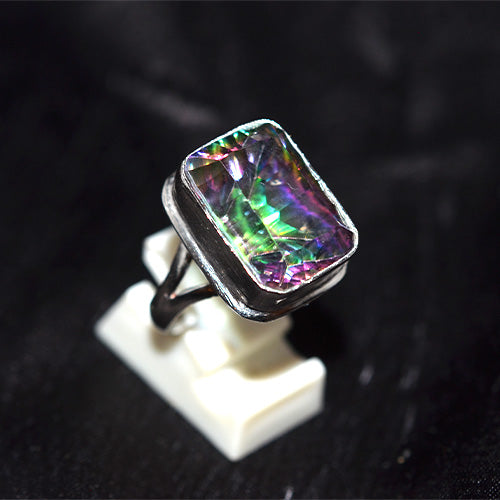 925 Sterling Silver Radiant Cut Mystic Topaz Bezel Ring