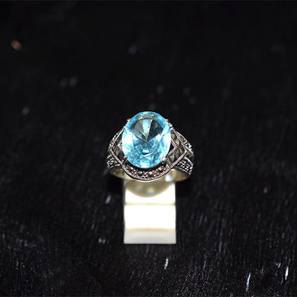925 Sterling Silver Turkish Blue Topaz and Marcasite Ring with Lattice Shank