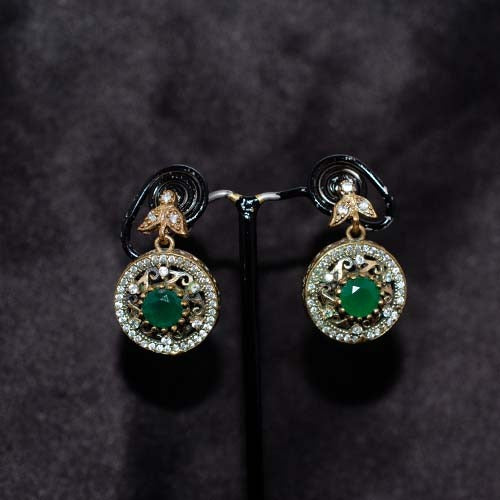 6 Carat Gold Plated Green and White Crystal Circular Drop Earrings