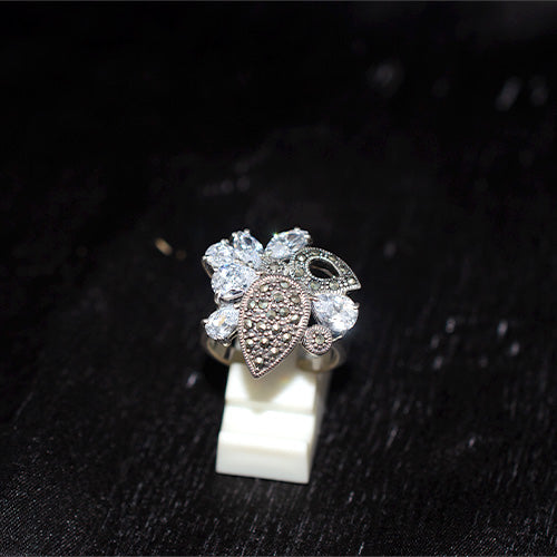 925 Sterling Silver Turkish Marcasite and Crystal Cluster Ring
