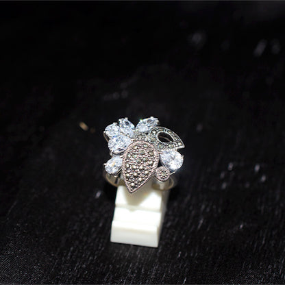 925 Sterling Silver Turkish Marcasite and Crystal Cluster Ring