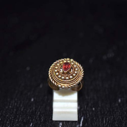 6 Carat Gold Plated Red Garnet Ethnic Motif Ring