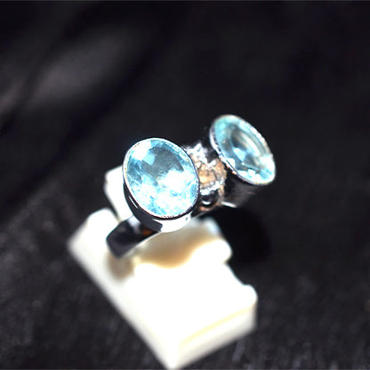 925 Sterling Silver Double Blue Topaz Open Ring