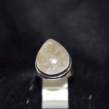 925 Sterling Silver Golden Rutilated Quartz Teardrop Double Bezel Ring