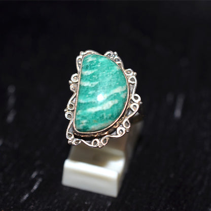 925 Sterling Silver Turkish Amazonite Ornate Scrollwork Ring
