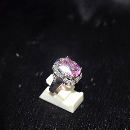 925 Sterling Silver Turkish Radiant-Cut Pink Crystal and Marcasite Halo Ring