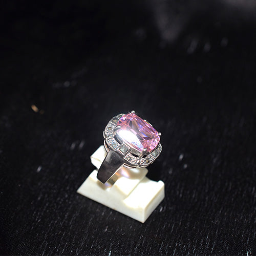 925 Sterling Silver Turkish Radiant-Cut Pink Crystal and Marcasite Halo Ring