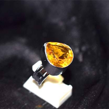 925 Sterling Silver Pear Citrine Wide Band Ring