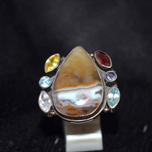 925 Sterling Silver Multi Gemstone Pear Motif Ring