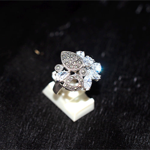 925 Sterling Silver Turkish Marcasite and Crystal Cluster Ring